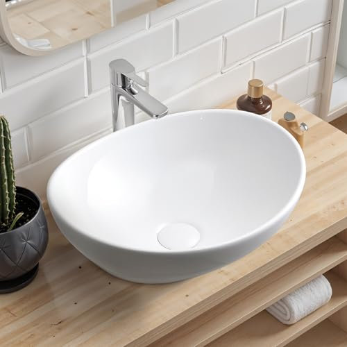 Warmiehomy Countertop Bathroom Vessel Ceramic Sink,Ovel Bowl Ceramic Basin with Waste Drainer for Bathroom Cloakroom Vanity Lavatory (White,41x34x14cm)
