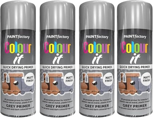 MIXEL All-Purpose Grey Primer Spray Paint, Quick Drying, Indoor and Outdoor Use, Matte Finish, Easy to Apply, Long-Lasting, For Metal, Wood, & Plastic, 250ML (4 PCS)