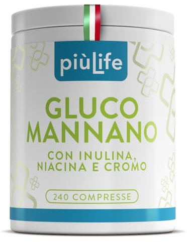 Glucomannano Forte Tit. 95% PiùLife 240 Compresse 4000 mg Con Inulina, Niacina e Cromo, Glucomannano Purificato Dalla Radice Di Konjac, Metabolismo, Saziante, Equilibrio Digestivo