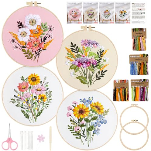 Jellybibo Stickset für Anfänger, 4 Stück Stickerei Set Stickset für Anfänger Blumenmuster Pflanzen Kreuzstich-Kit Starter DIY Sticken Set