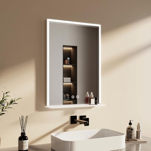 EMKE Badspiegel mit Beleuchtung 50x70cm, mit Ablage, 6500K | Badezimmerspiegel mit Antibeschlag, Touchschalter, Speicherfunktion, dimmbares kaltweißes Licht, 3h Abschaltautomatik