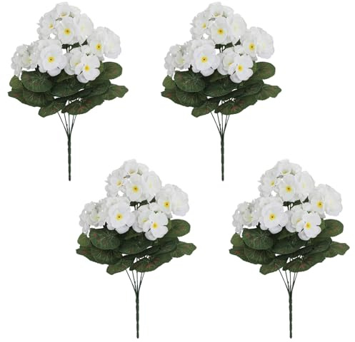 AQCQDQ 4 Stück Künstliche Geranien Seidenblumen für Den Außenbereich, UV Beständig Künstliche Geranien, Künstliche Geranien Seidenblumen für Florale Heimdekoration, Innengarten, Terrasse (Weiß)
