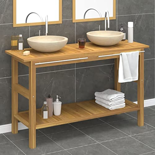 Brokky 3096580 Mobile Vanità Bagno e Lavandini Marmo Crema Legno Massello Teak-Mobile Bagno sospeso con lavandino arredo Moderno mobili in Legno