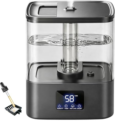 KZF 4L Top Fill Humidifiers for Bedroom & 60H Runtime - Cool Mist Humidifier, 3 Mist Levels, 8H Timer, Essential Oil Tray, Humidity Display, Quiet for Bedroom, Baby, Plants, Large Room (Black, 6L)