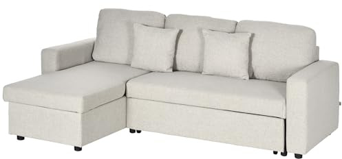 HOMCOM Ecksofa mit Bettfunktion, Eckcouch inklusive 2er-Sitz Sofa, Einzelbett, L-Form Schlafsofa mit Stauraum, 2 Kissen im Leinenoptik für Wohnzimmer Cremeweiß