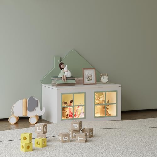 [en.casa] Baule Portagiochi Bambini a Forma di Casetta Contenitore Giocattoli per Cameretta con Coperchio Ribaltabile Mobile a Misura di Bimbi 56x60x33 cm Menta Verde/Bianco