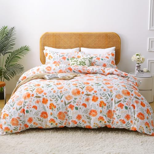 Mooreeke Floral Duvet Cover Full Size, 3 Piece Orange Flower Duvet Cover Set with Zipper Closure, Soft & Breathable Microfiber Botanical Patterns Bedding Set with 4 Corner Ties and 2 Pillow Shams