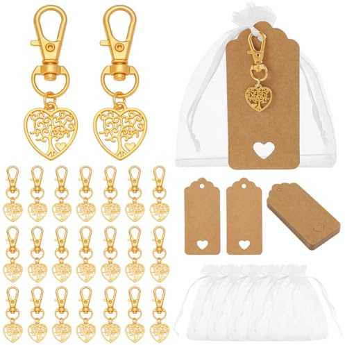 PH PandaHall 24 set di bomboniere a forma di albero della vita, a forma di cuore, per San Valentino, con sacchetti regalo in organza, portachiavi con albero dorato con etichette vuote, per matrimoni