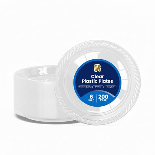 R-kay 200 Pack, 6 Inch Clear Plastic Plates - Heavy Duty Small Dessert Plates - Microwavable Small Appetizer Plates