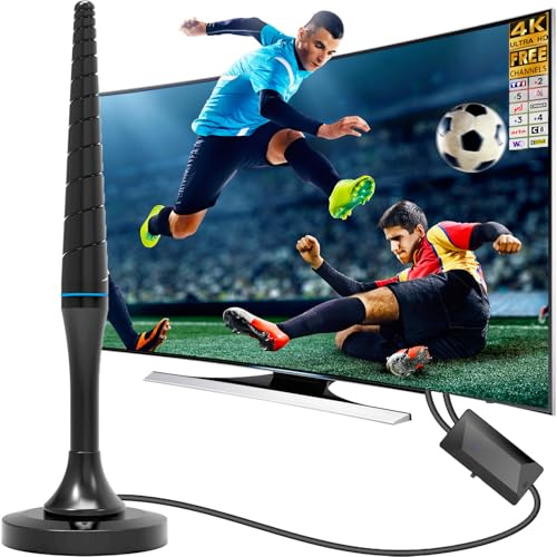 Antenne TV Intérieur Puissante, Antenne TNT Intérieure avec Base Magnétique & Amplificateur de Signal Intelligent, Compatible HDTV 1080P 4K VHF UHF, Réception Chaînes Gratuites, Câble 3M