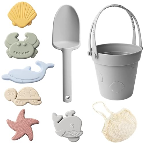 Otbushit 8 Giocattoli di Sabbia per Bambini, Giocattoli da Spiaggia in Silicone sicuri con Secchio per Pala e stampi per Sabbia, Scatola Grigia Impermeabile per Viaggi Estivi all'aperto