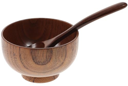 SHINEOFI Lot 2 Bols en Bois à Riz et Cuillères en Bois d'Acacia Légers et Résistants aux Fissures Grain Naturel Délicat pour Maison et Restaurant