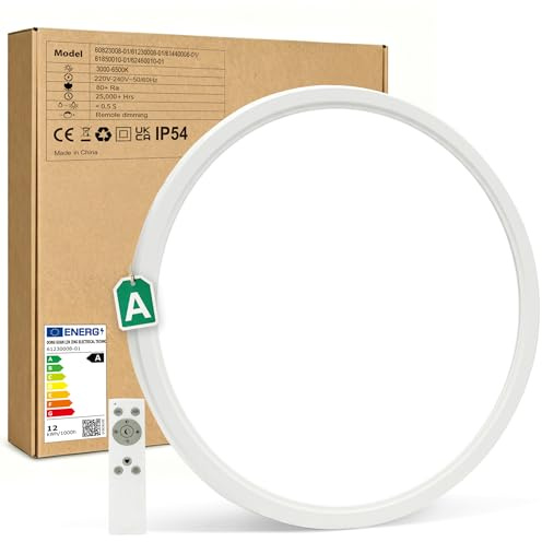 Bowfar LED Deckenleuchte Effizienzklasse A, 12W 2600LM Deckenlampe Dimmbar | Deckenleuchte Flach mit Fernbedienung, 3000K-6500K, IP54 Wasserfest Badezimmer Lampe für Wohnzimmer Schlafzimmer Küche Ø30CM