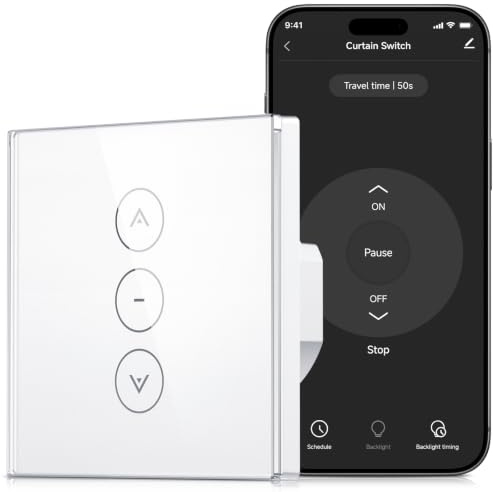 Conmutador Persiana WiFi Inteligente, Interruptor de Cortina Compatible con Alexa y Google Home, Temporizador de Horarios, Panel de Cristal Táctil Empotrable, Requiere Cable Neutro