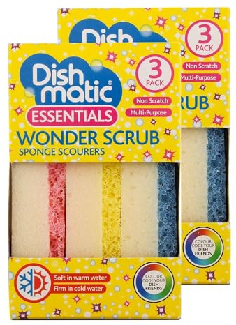 6 x Dishmatic Wonder Scrub Sponge Scourers – Non Scratch Multi-Purpose Cleaning Sponges – Dual Action Kitchen & Dish Washing Scourer Pads for Pots, Pans & Surfaces