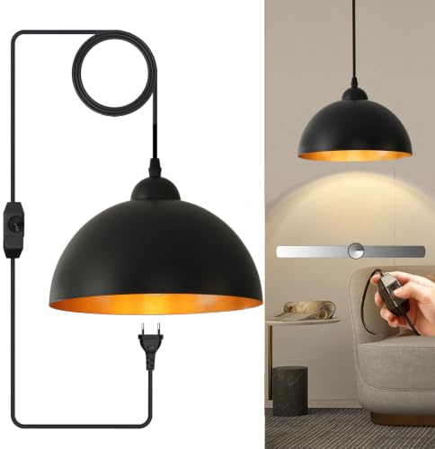 SXHZLY Hängelampe mit Stecker，Pendelleuchte Schwarz Vintage, 5,5m Kabel mit Dimmschalter, Metall Lampenschirm Ø25cm E27 Fassung Dimmbare Deckenlampe für Küche Garten Balkon (Lampenschirm aus Metall)