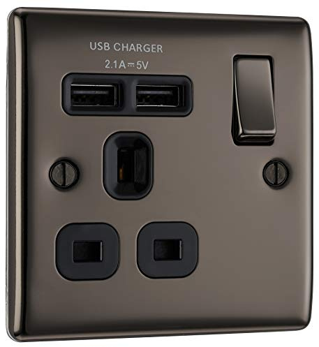 BG Electrical nbn21u2b Fast Charging Single Switched Power Socket with USB Charging Ports, 13 A, Black Nickel, 2.0 cm x 3.0 cm x 3.0 cm