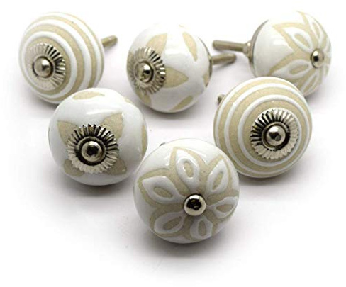 Pushka Home PKS22 Set of 6 Beige and Cream Ceramic Cupboard Drawer Door knobs. Vintage Style Door knobs. Suits Doors up to 27mm Thick.