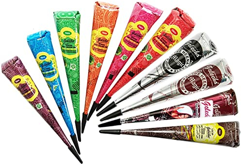 JPR - 10x Natural Mehndi Cones (Multifarbe), NO MIX, Halal Veg, klinisch getestet & zertifiziert - Für Temporäre Bodyart Tattoo Design (Große Kegel) 250g + SRK Postkarte
