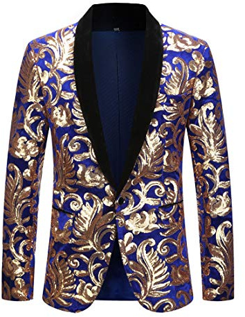 PYJTRL Hombres Moda Terciopelo Lentejuelas Patrón Floral Traje Chaqueta Blazer (XS, Azul 01)