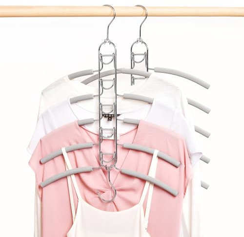 Amber Home 2pcs Space Saver Multi Layer Metal Coat Hanger, Heavy Duty 5-Tier Anti-slip Sponge Magic Clothes Hangers, Wardrobe Storage Multifunctional Shirt Sweater Suits Closet Hanger (2 Swivel Hooks)