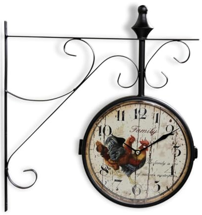 Horloge De Gare Ancienne Double Face Family Coq Fer Forge Blanc 24cm - Fer Forgé - Décoration d'Autrefois