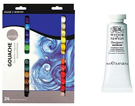 Daler Rowney Simply 12ml Gouache Paint Set, 24 Assorted Colours, Opaque Watercolour, Ideal for Entry-Level Artists & Hobbyists and Winsor & Newton, Designers Gouache, 14ml Tube - Permanent White