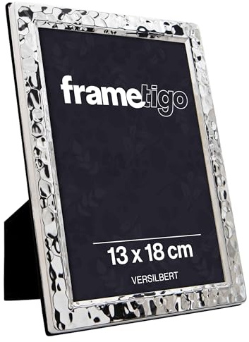 Frametigo - Silver Plated Narrow Hammered Photo Frame, 5x7 (13x18cm) Photo Size - Velvet Frame Backing & Stand - Real Glass Window - Tarnish Resistant - Landscape or Portrait Orientation