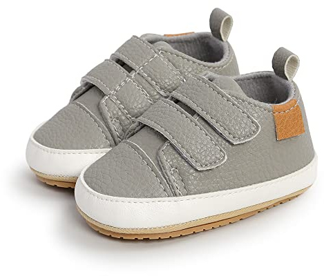 MK MATT KEELY Baby flicka första promenadskor halkskydd mjukt PU-läder sneakers för spädbarn småbarn, Grå, 12-18 Months