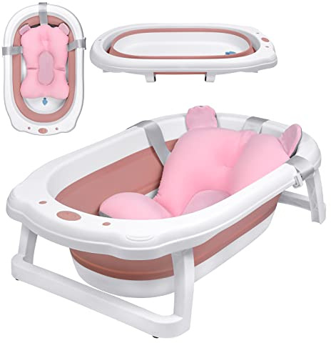 YRHome Bañera plegable para bebés, bañera plegable ergonómica, 82 x 50 x 20 cm, antideslizante, con cojín de desagüe para recién nacidos (rosa con cojín)