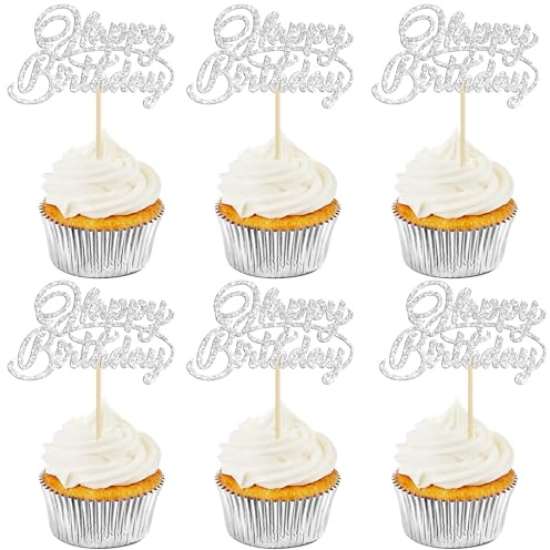 24 Pack Happy Birthday Cupcake Toppers Glitter Birthday Cupcake Food Picks for Celebrating Happy Birthday Party Cake Decorations Supplies Silver