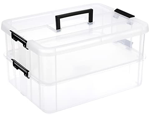 JUXYES 2-Tiers Stack Carry Storage Box With Handle, Transparent Stackable Storage Bin With Handle Lid Latching Storage Container for School & Office Supplies