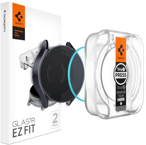 Spigen EZ Fit Schutzfolie [2 Stück] für Samsung Galaxy Watch 6 44mm | Gehärtetes Glas, inkl. Installationskit, Kristallklar, Kratzfest, Hüllenfreundlich, 9H Härte Folie