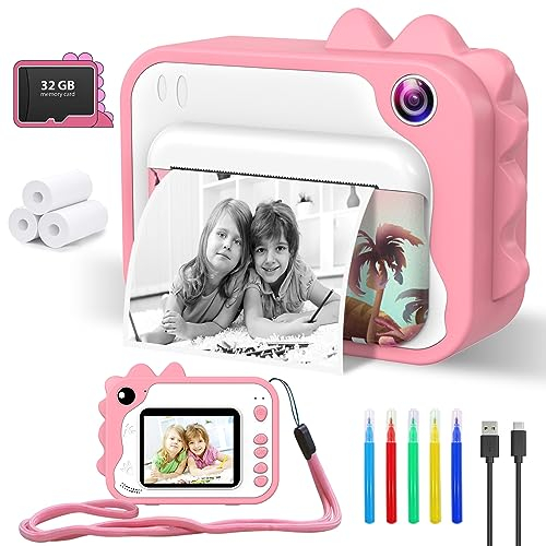 Camera for Kids, 1080P 2.4 Screen Zero Ink Kids Digital Camera with 3 Rolls Print Paper, 32G TF Card & 5 Color Pens, Best Gift for Boys Girls(Pink)