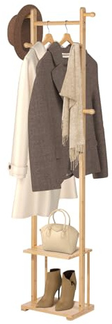Bambus-Kleiderständer mit 2 Ablageflächen, 6 Haken und Kleiderstangen | rutschfeste Basis, 164×33×24 cm – Garderobe für Handtaschen, Kleidung & Schals im Schlafzimmer und Flur