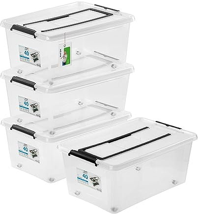 PAFEN 4x caja de almacenaje bajo cama 40l con ruedas y asa - 38,5x25x58cm - Cajas transparentes Almacenaje Cajas apilables con clips de cierre Contenedores de plástico
