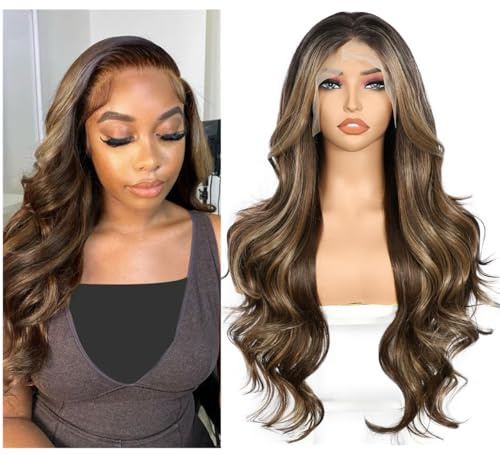 Sapphirewigs Braun Lace Front Perücke 13x4 Synthetische Körper Welle Ombre Braun Balayage Perücken Damen Party Date Tägliche Tragen Natürlich Aussehen Weihnachten 26inch | Braune Balayage-Kunsthaar-Perücke, Lace-Front, Party, Date, Alltag, Weihnachten, natürlich aussehend