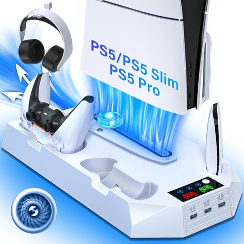Kühlstation für PS5/PS5 Slim mit Dual-Controller-Ladegerät, vertikaler Kühlständer für PlayStation 5 Slim mit Fernbedienungs-Ladestation, Zubehör-Ladekit für PS5 Pro mit Kühlerlüfter, USB-Hubs