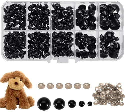 100 Sicherheitsaugen für Häkeltiere, 6/8/9/10/12mm Amigurumi Augen | Kunststoff, 5 Größen, Sicherheitsaugen zum Basteln mit Unterlegscheiben und Box, für DIY Puppe Plüschtier