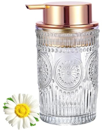 MIFULY Glass Soap Dispensers with Copper Rose Gold Pump Head, Hand Soap Dispenser for Kitchen and Bathroom, Heavey Sunflower Glass Cup 400ml/13.5oz - 1 Pack