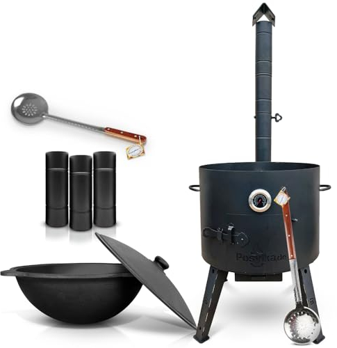 Utschak Feuerofen mit Verlängerungsrohr Thermometer Gusseisen Topf runder Boden mit Deckel (22 L) KazanoFF, Учаг, Kazan Outdoor, Feuerschale, Camping, Kasan, Gulaschkanone Dutch Oven (Set 22-2R 4)