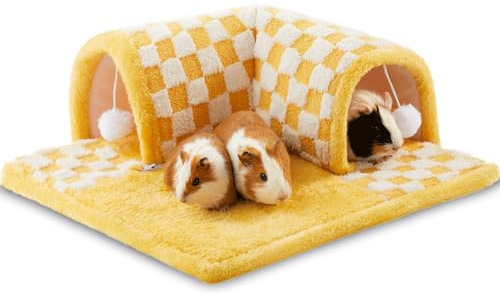 Guinea Pig Hideout Tunnel House Large, Removable Cozy Guinea Pig Hides and Tunnels Tubes Fleece for Cage Corner, Rat Tunnel Toy, Soft Small Animal Tunnel for Rats Chinchillas Ferrets (Yellow)