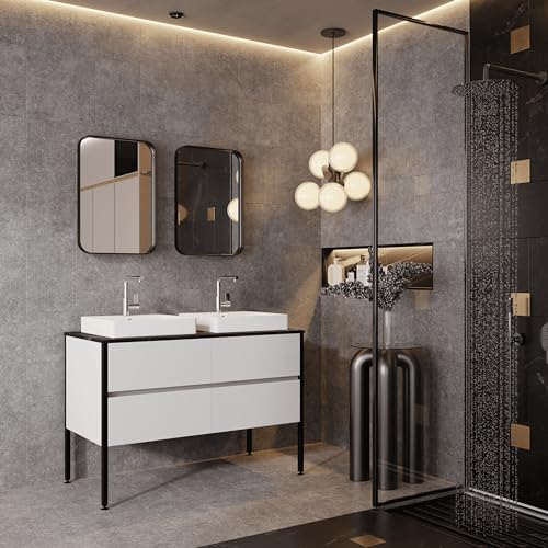 KAREN banyo Badmöbel Set 5 teilig Yesim Weiß | Zwei Waschbecken | Spiegel | Unterschrank | Softclose-Schubladen & unsichtbare Griffe | Eleganter Stil| Konsole in schwarzer Marmoroptik