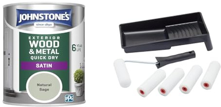 Johnstone's - Quick Dry Satin Natural Sage Finish Exterior Wood & Fit For The Job 7 pc Foam Mini Paint Roller Set for Painting with Gloss & Satin, Small Roller and Tray for Painting Wood