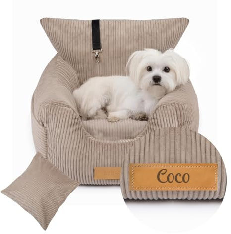 Petsen Personalisiert Hunde Autositz, Autositze Hund Rückbank mit Leine, Hundeautositz mit Hundenamen, Hundekorb Kleine Hunde, Hundekörbe Auto, Autobett, Hundebett (beige)