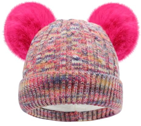 CHUANGLI Kids Girls Beanie Hats Warm Fleece Lined Knit Hat with Double Pom Pom Outdoor Ski Skull Cap for Boys Girls Ages 7-12