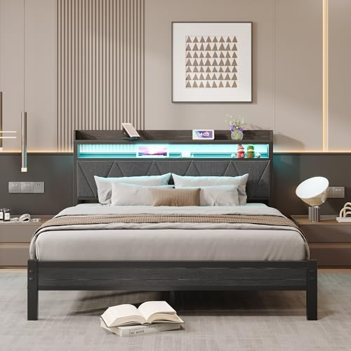 HAHRIR King Size Bed Frames with 5ft Upholstered Wooden Two-shelf Storage Headboard, Charging Station,LED Lights, 150x200 cm Heavy Duty Metal Platform Bed Kingsize,No Box Spring Needed,Grey