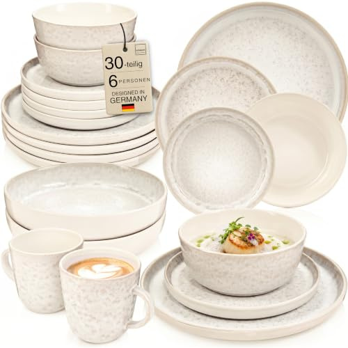 SÄNGER Key West | Steingut Geschirr Set 30 tlg, Teller Set 6 Personen, 6x Speise- Dessertteller, Müslischalen, Pastaschalen, Kaffebecher Kombiservice Creme mit sandiger Maserung | VALUE COLLECTION