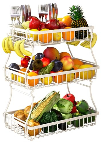 Foeska Obstkorb mit und Bananenaufhängern, Arbeitsplattenregal für die Küche, einfache Installation, abnehmbar, ideale Obstschale und Gemüseregal (Weiß-3 Etagen)