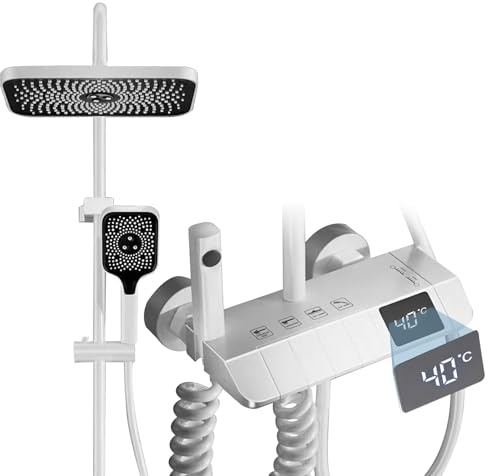Thermostatic Mixer Shower System, 4 Function Piano Key Dual Shower Head Set, 3 Mode Brass Hand Waterfall Shower with LED Digital Temperature Display, Wall Mount Adjustable Handheld Faucet
